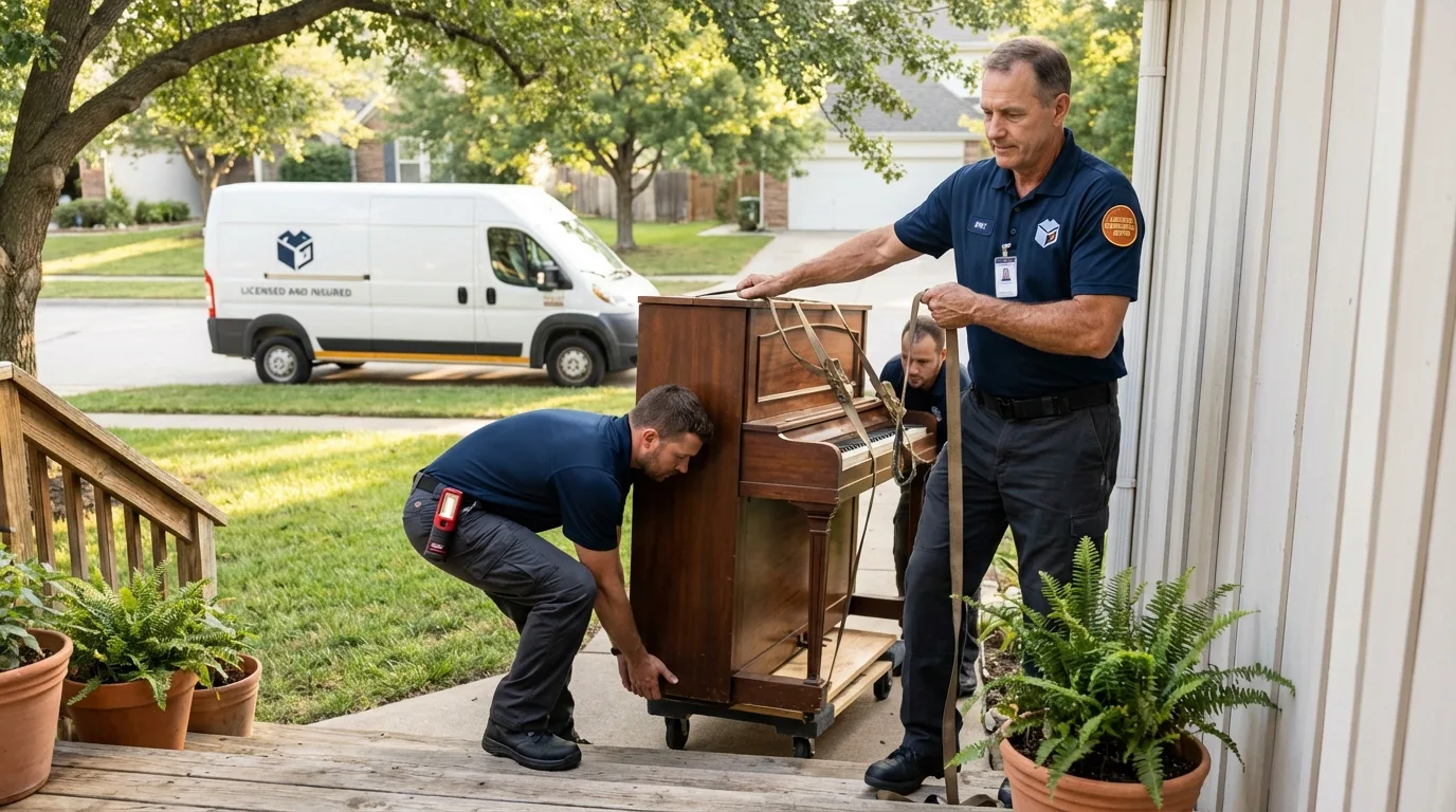 Licensed piano movers securing grand piano in Hidden Valley Lake, CA