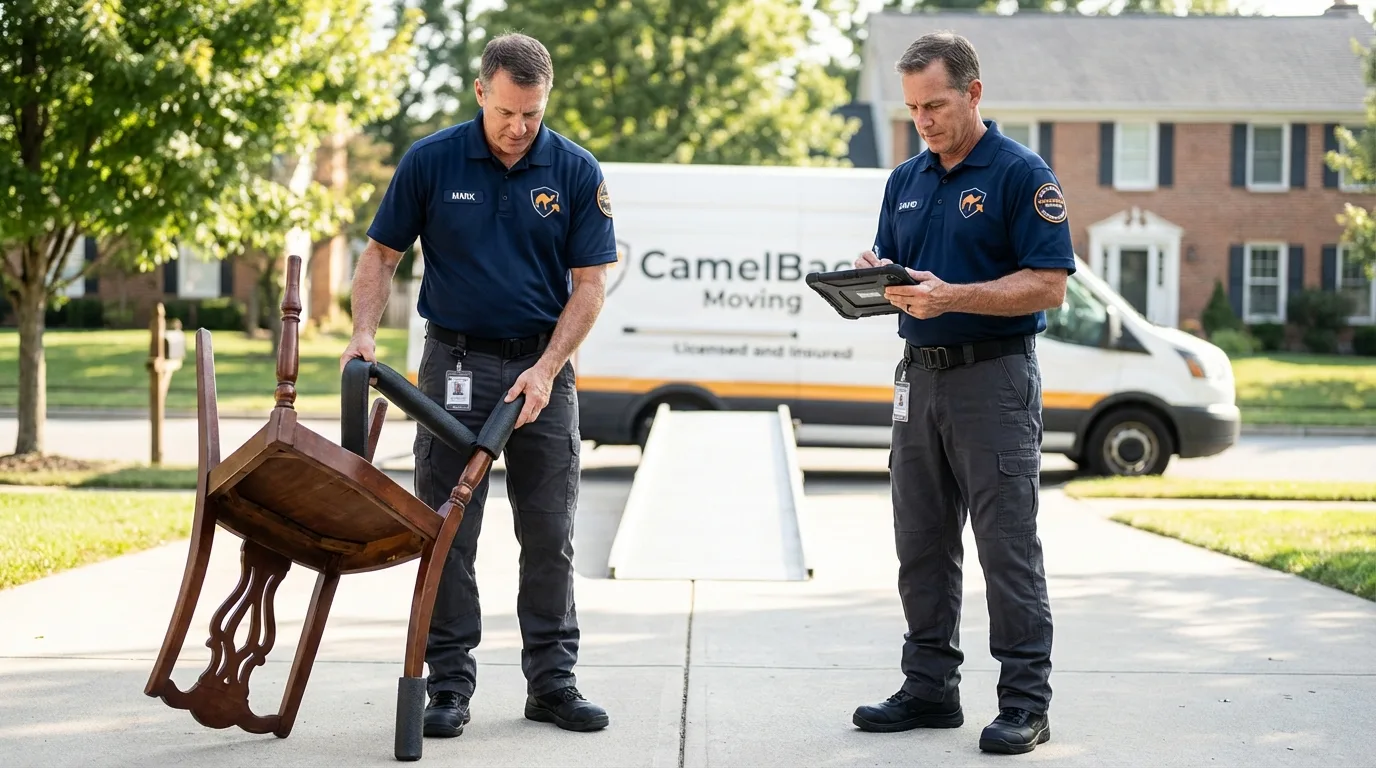 Movers inspecting furniture for damage prevention before loading in Hidden Valley Lake, CA
