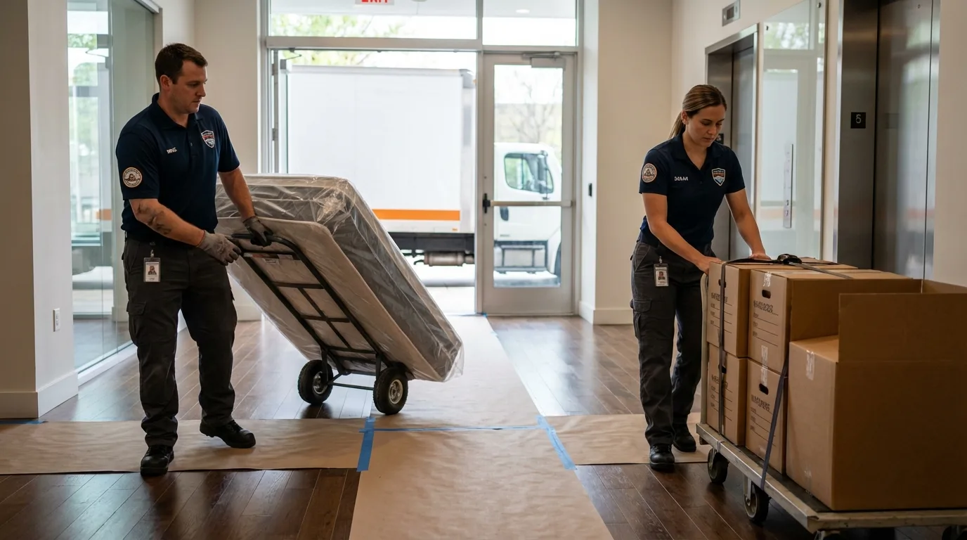 Professional apartment movers loading elevator in Hidden Valley Lake, CA