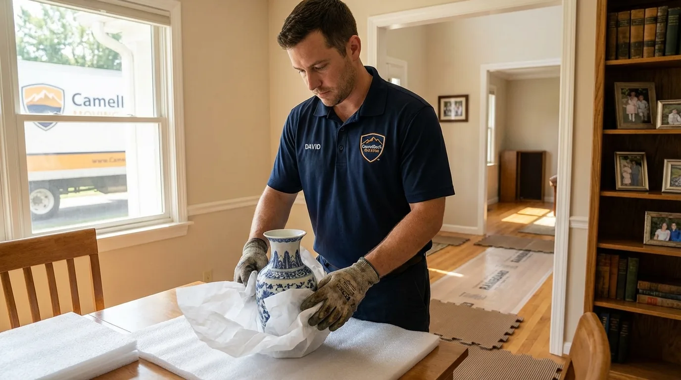 Professional crew carefully wrapping antique vase for senior downsizing move in Hidden Valley Lake, CA
